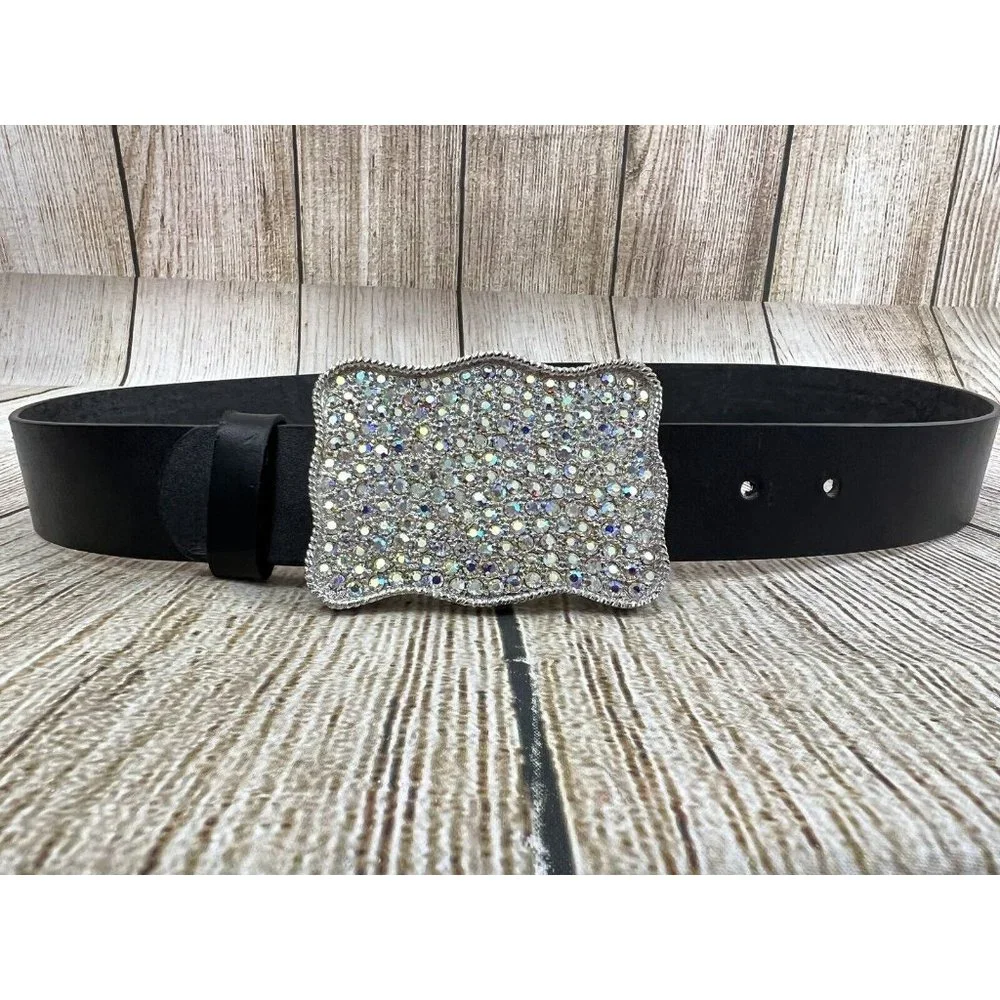 Aurora Borealis Clear Rhinestone Belt Buckle‎ Rectangle 2.5 x 3.5 Heavy Western